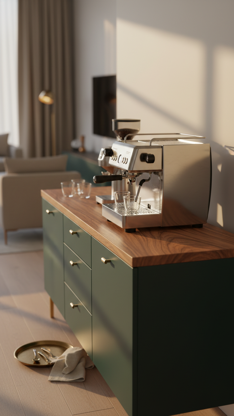 Modern coffee station with dark green console table featuring gold hardware, espresso machine, grinder, and glass cups