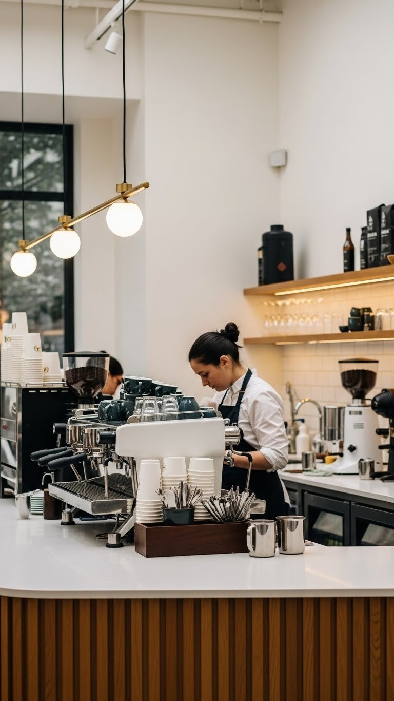 Modern commercial coffee bar layout with espresso machines and baristas working efficiently in a bustling cafe setting.