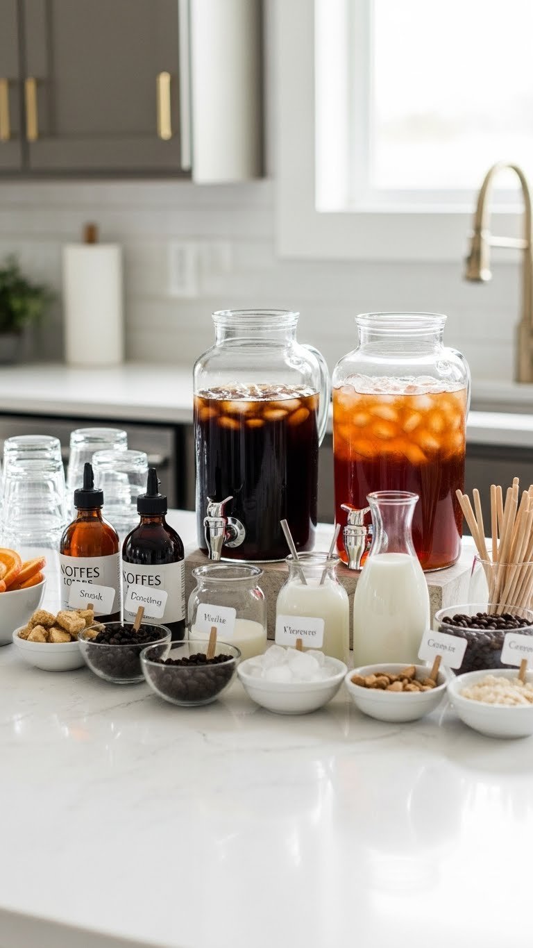 Modern customizable iced coffee and tea bar with carafes, flavored syrups, and toppings on polished quartz countertop