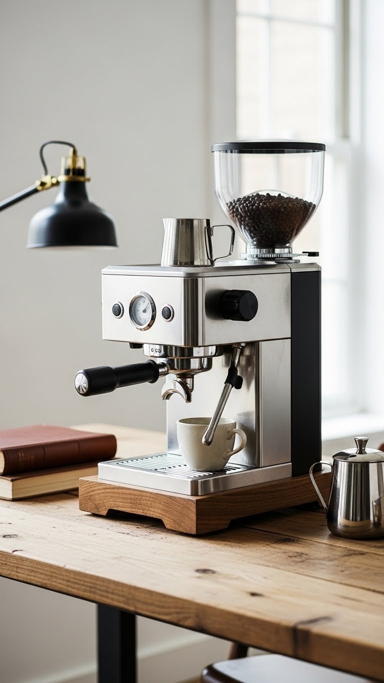 Modern espresso machine on reclaimed wood surface creating rustic contemporary coffee station aesthetic