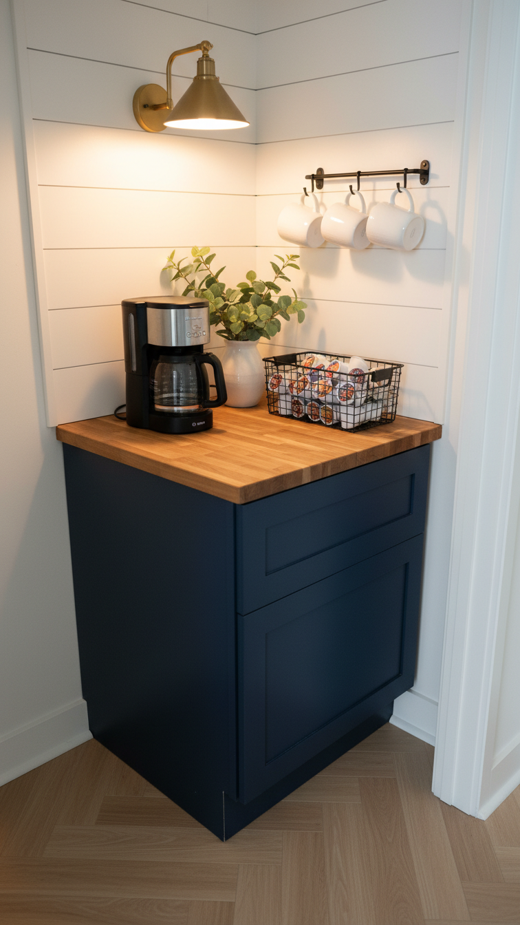 Modern farmhouse closet coffee bar with navy cabinet, butcher block countertop, drip coffee maker, and brass sconce lighting