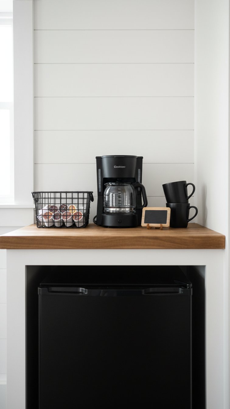 Modern farmhouse coffee bar with black matte coffee maker on butcher block countertop and matching mini fridge