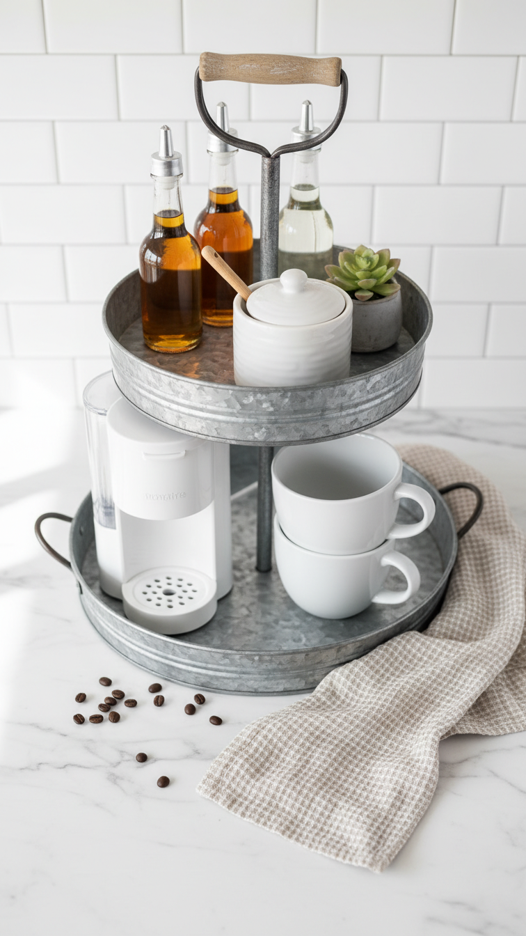 Modern farmhouse coffee station on galvanized metal tray with white coffee maker and glass syrup bottles on marble countertop