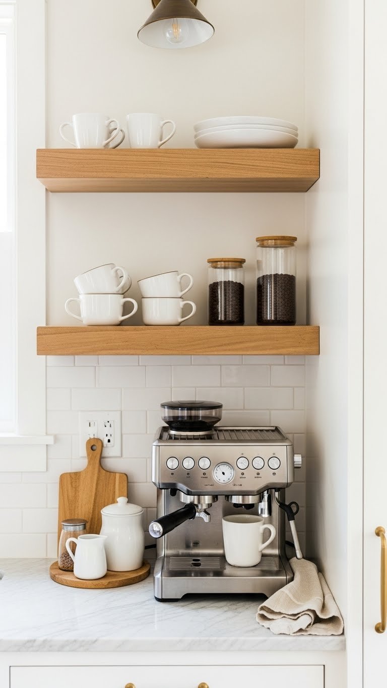 Modern farmhouse kitchen coffee nook with rustic open shelving displaying coffee mugs, espresso machine, and coffee bean canisters in natural light.