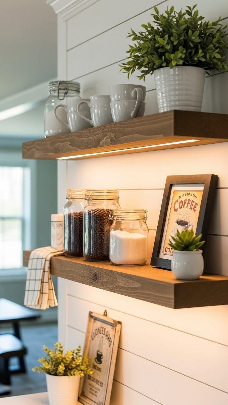 Modern farmhouse open shelving styled for coffee essentials with rustic wooden shelves, ceramic mugs, glass jars, and LED lighting.