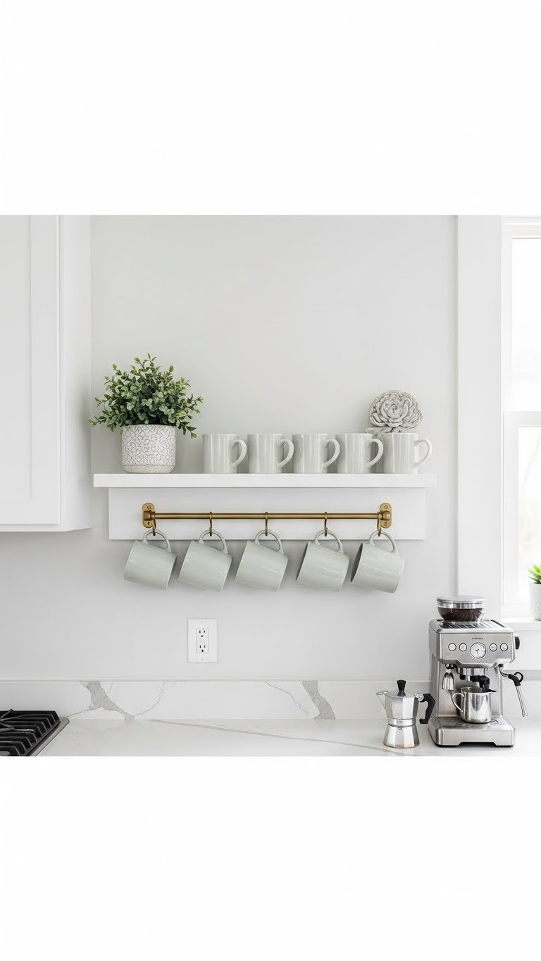 Modern floating shelf with integrated hooks displaying matching ceramic mugs on white wall
