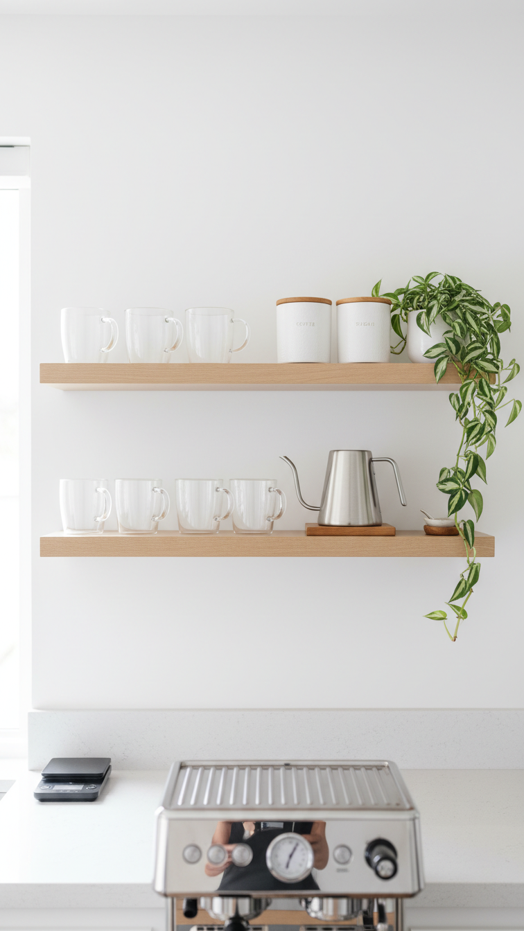 Modern floating wooden shelves with glass coffee mugs and airtight canisters above white wall coffee station