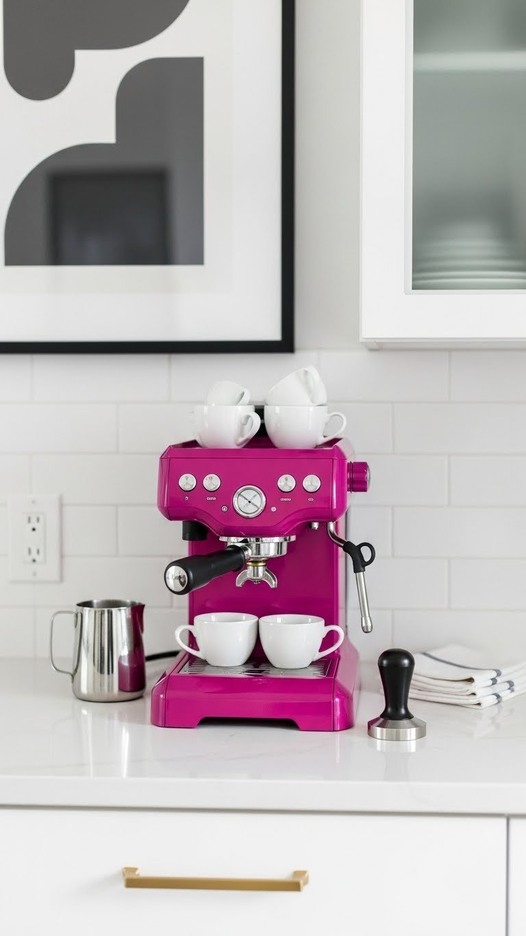 Modern fuschia and white espresso bar with minimalist cups and geometric art print