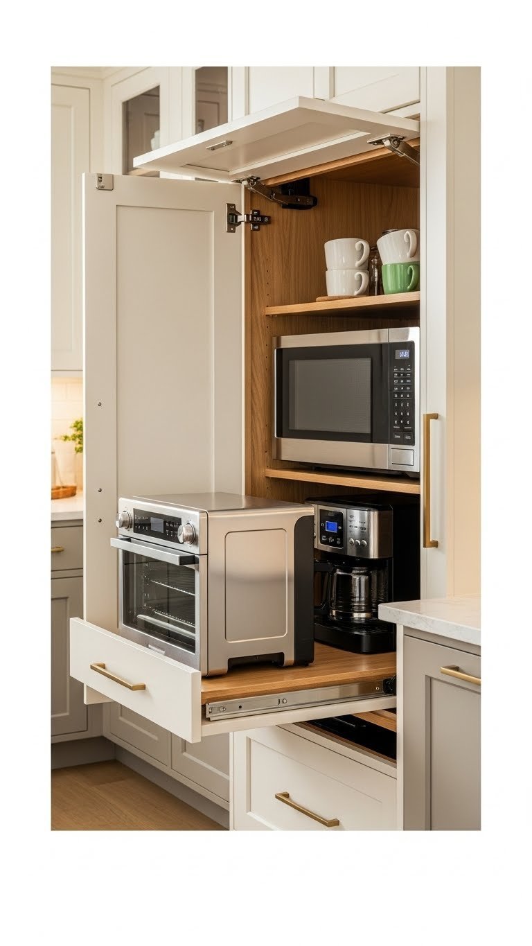 Modern hidden appliance garage coffee bar with compact microwave and coffee maker organized inside sleek kitchen cabinetry