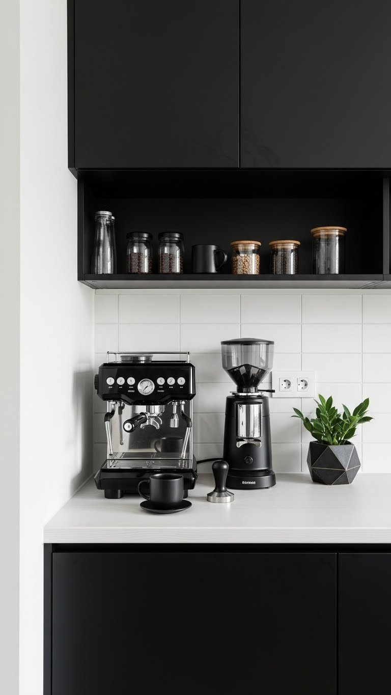 Modern industrial coffee nook with matte black cabinets and sleek espresso machine on clean white background