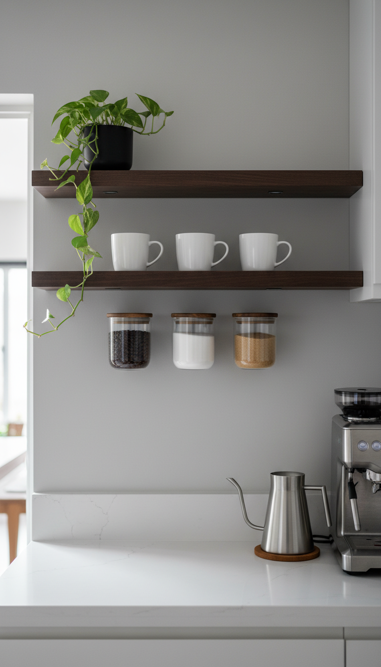 Modern kitchen coffee bar with dark wood floating shelves holding white ceramic mugs and clear glass jars on white quartz countertop.