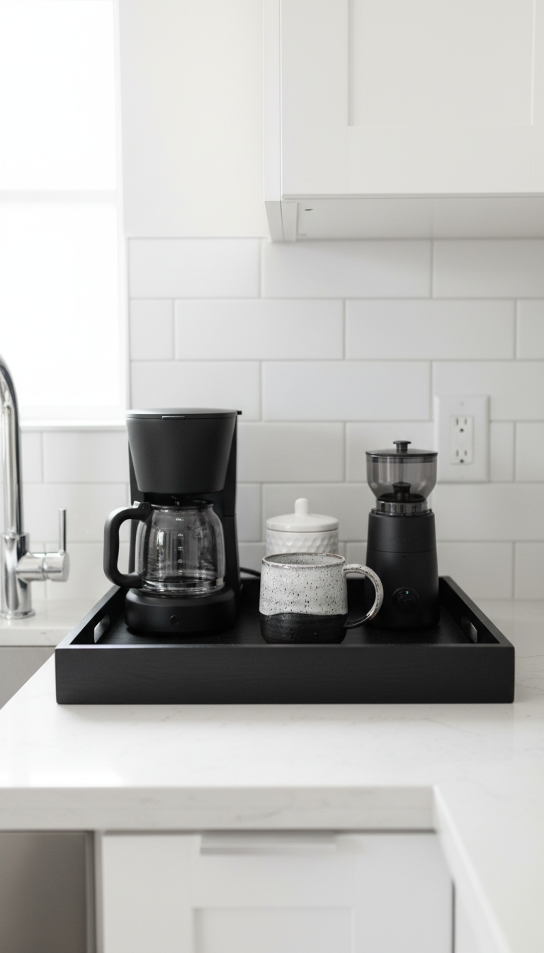 Modern kitchen counter coffee zone with black acacia wood tray containing drip coffee maker and ceramic mug.