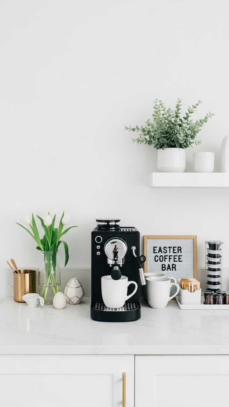 Modern minimalist Easter coffee bar with black espresso machine, white ceramic mugs, and geometric decorative egg