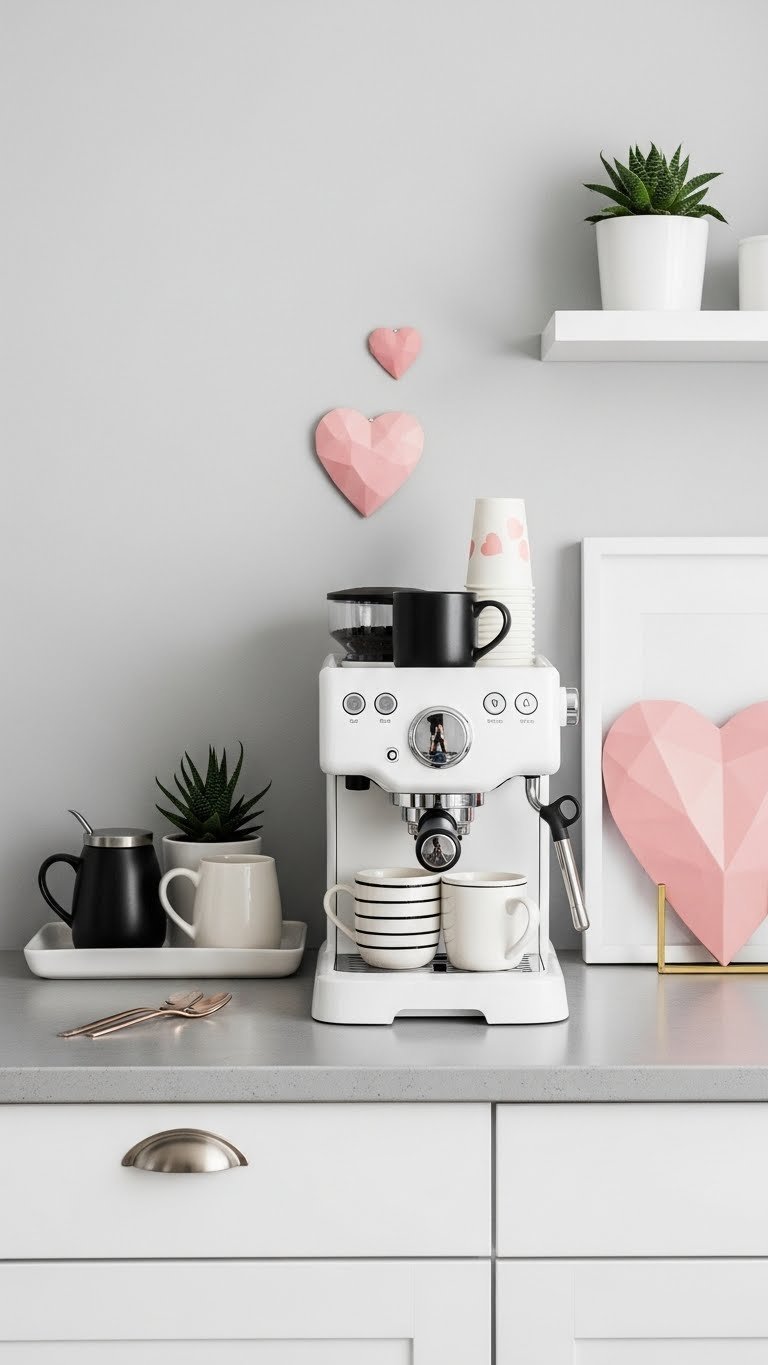 Modern minimalist Valentine's Day coffee bar with white espresso machine and blush pink geometric heart decor on concrete countertop