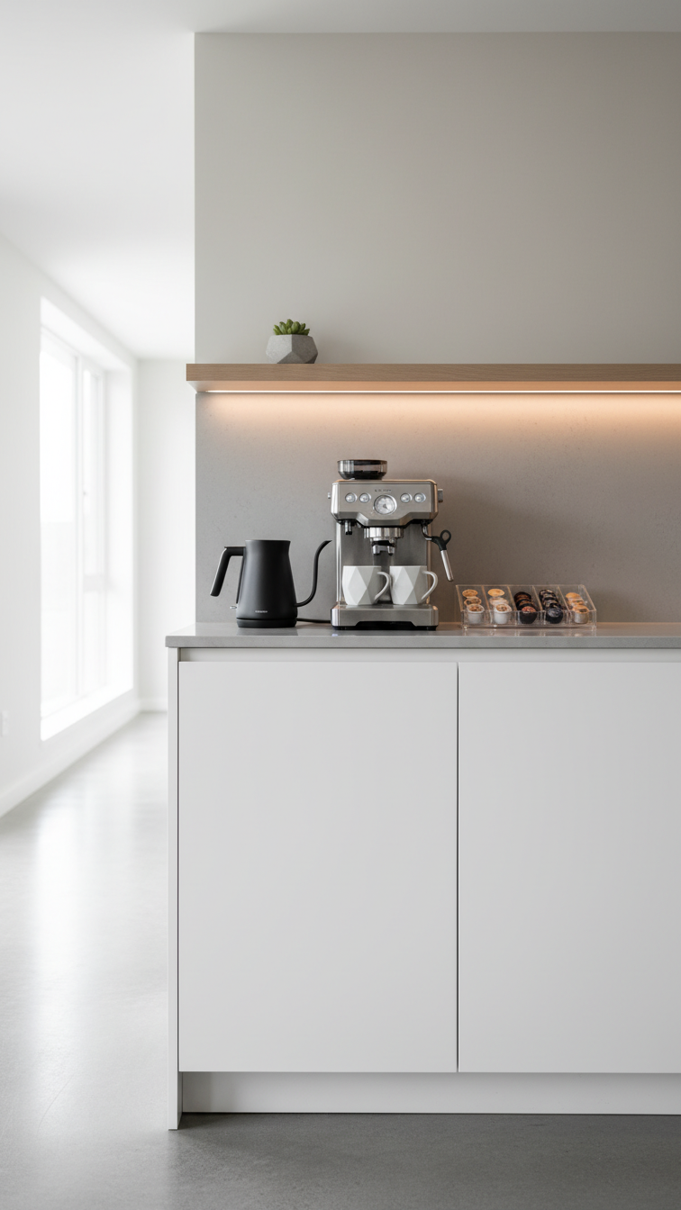 Modern minimalist coffee bar pantry with quartz countertop, LED lighting, and geometric mugs on polished concrete