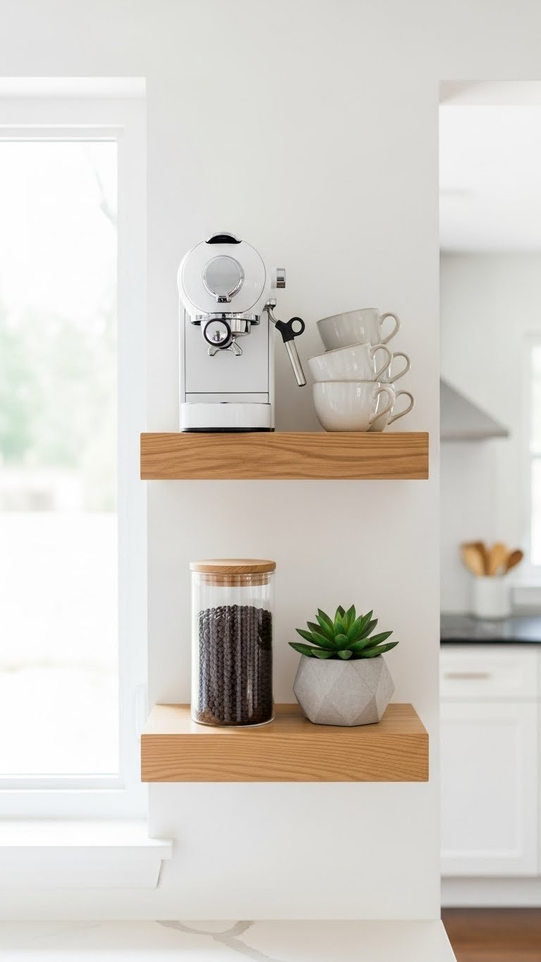 Modern minimalist coffee bar with floating oak shelves holding white espresso machine and ceramic mugs under bright window.