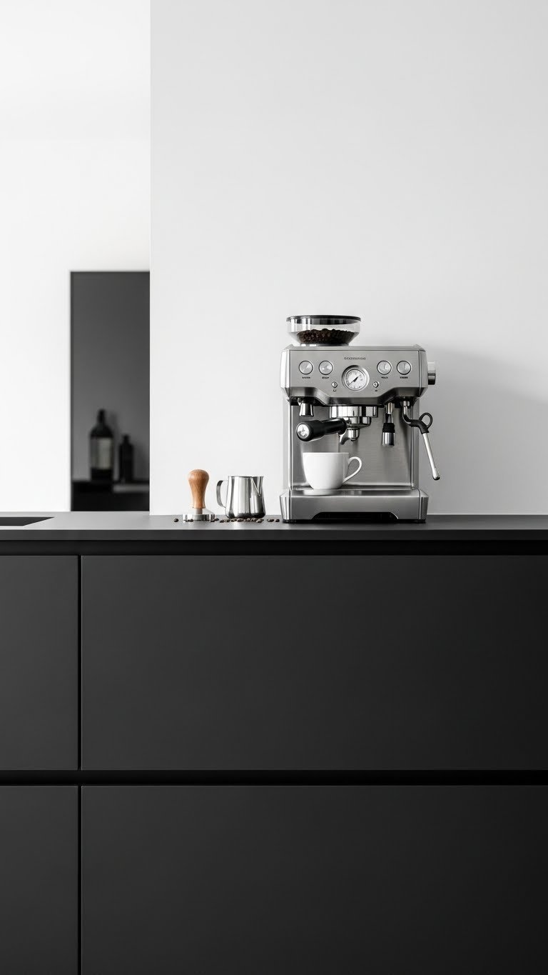 Modern minimalist coffee bar with handleless matte black cabinets, high-end espresso machine on matching black countertop with storage.