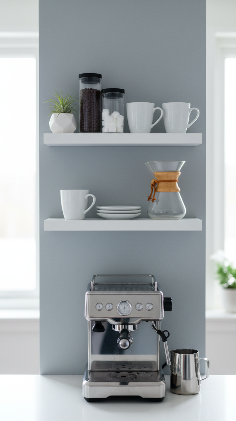 Modern minimalist coffee bar with white floating shelves against gray wall featuring chrome espresso machine and white porcelain mugs