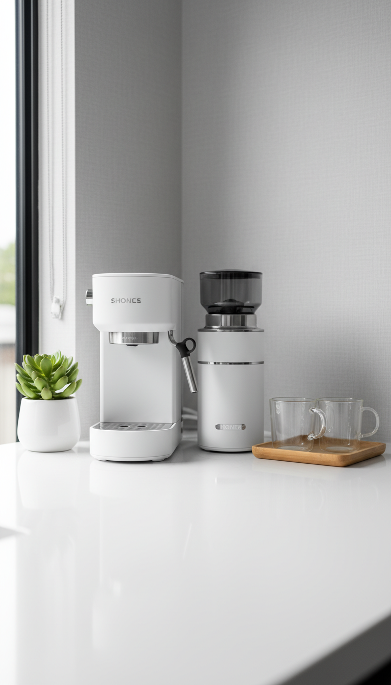 Modern minimalist coffee corner with sleek white espresso machine and grinder on white quartz countertop in bright daylight