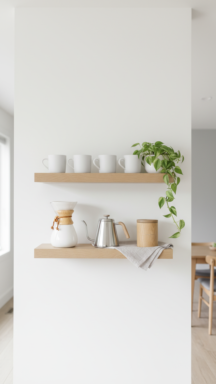 Modern minimalist coffee nook with light oak floating shelves holding white pour-over coffee maker and ceramic mugs