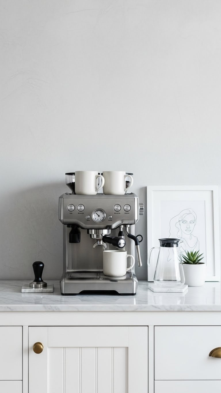 Modern minimalist coffee station featuring sleek white buffet, espresso machine, and minimalist mugs on marble countertop with gray wall backdrop.