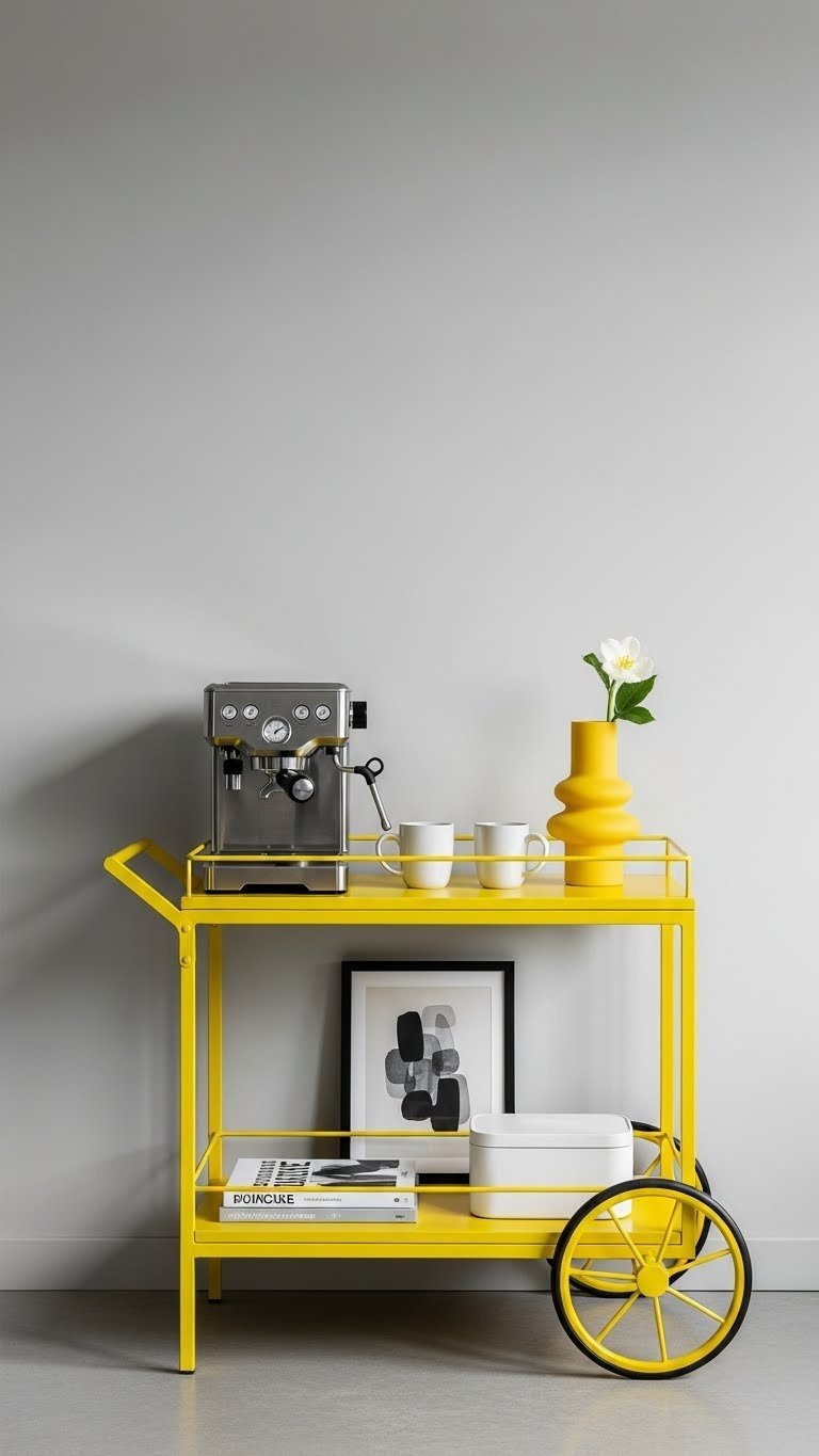 Modern minimalist yellow coffee cart with sleek espresso machine against light gray wall interior