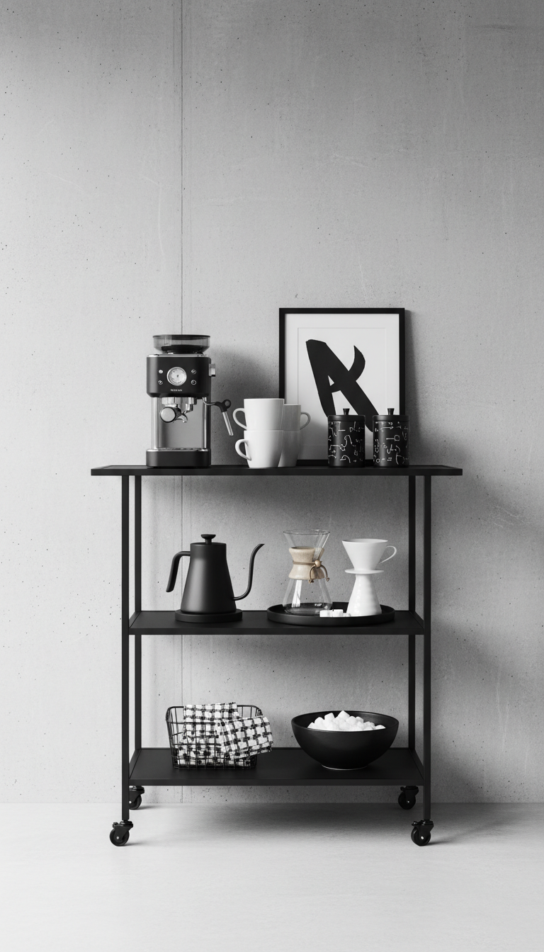 Modern monochrome coffee cart with matte black finish holding black espresso machine and white mugs.
