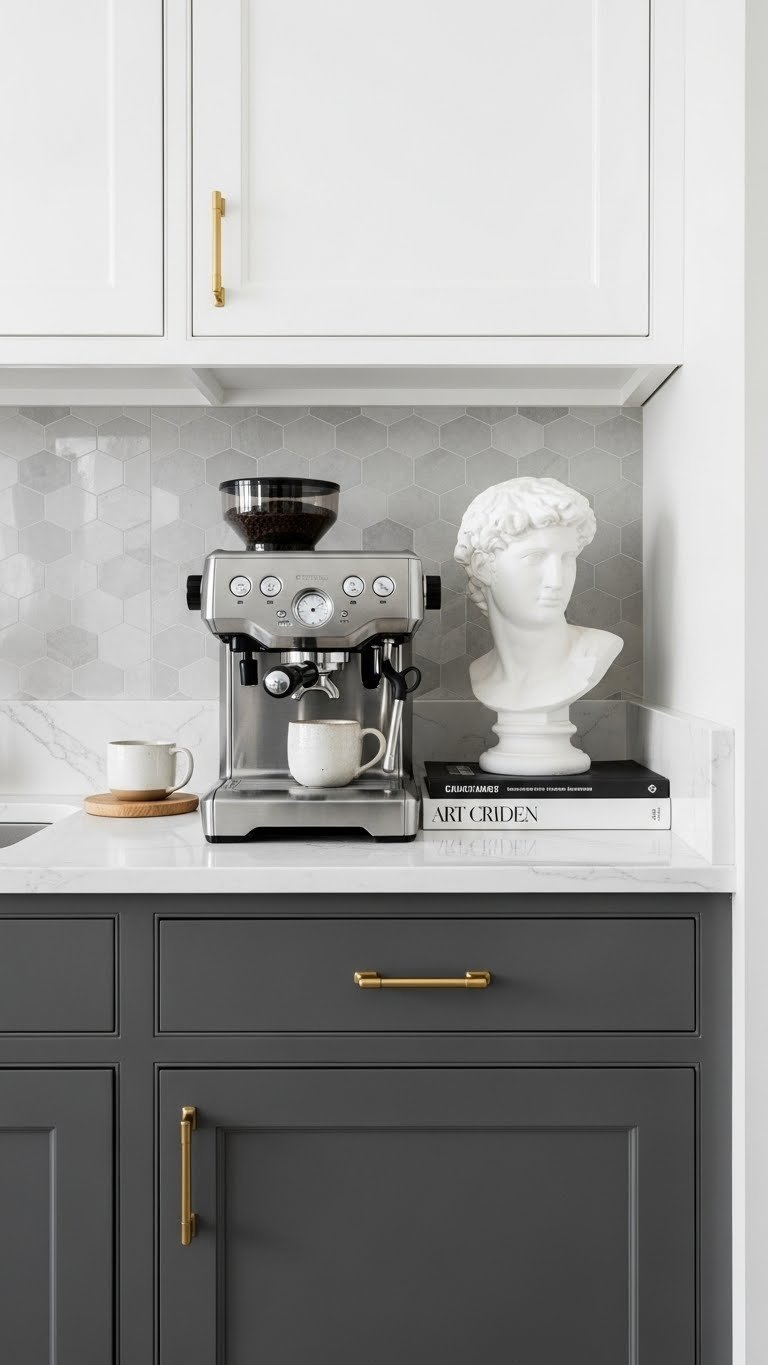 Modern neoclassical coffee bar blending contemporary cabinetry with marble countertops, brass hardware, and geometric wallpaper