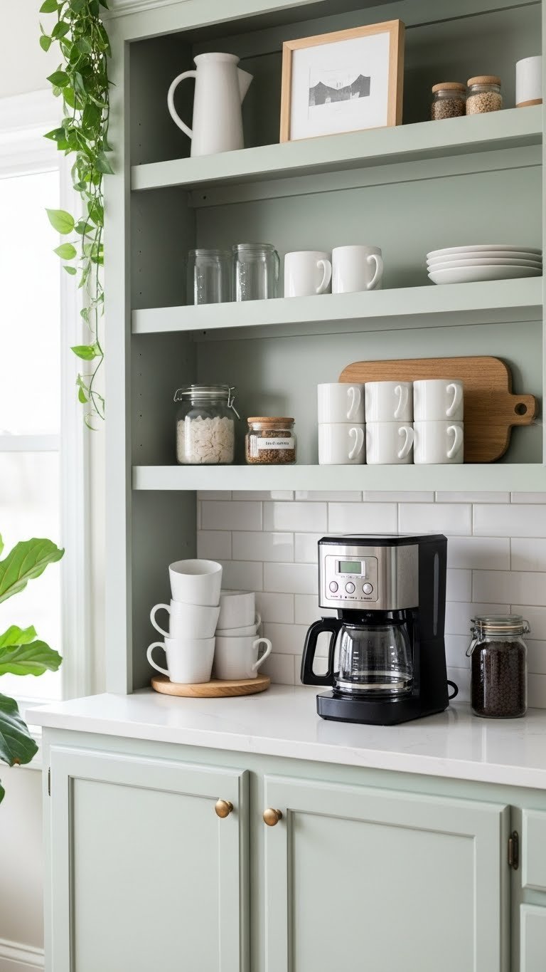 Modern sage green entertainment center coffee bar with white ceramic mugs and black coffee machine in cozy living room corner
