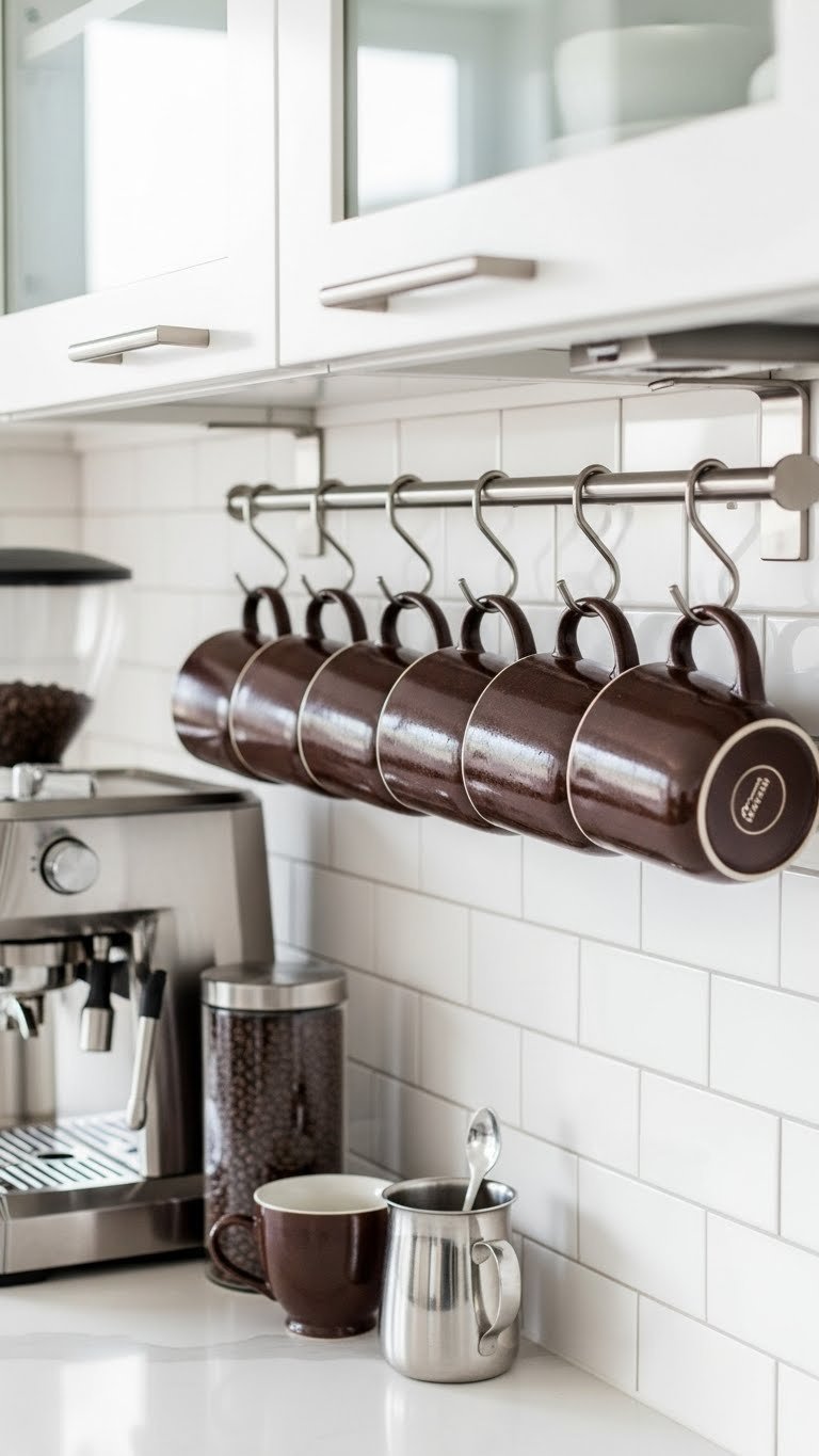 Modern stainless steel rail system with S-hooks suspending uniform ceramic coffee mugs