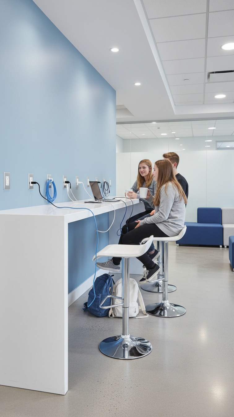 Modern tech bar with teens charging phones while chatting at sleek high-top counter with organized charging cables