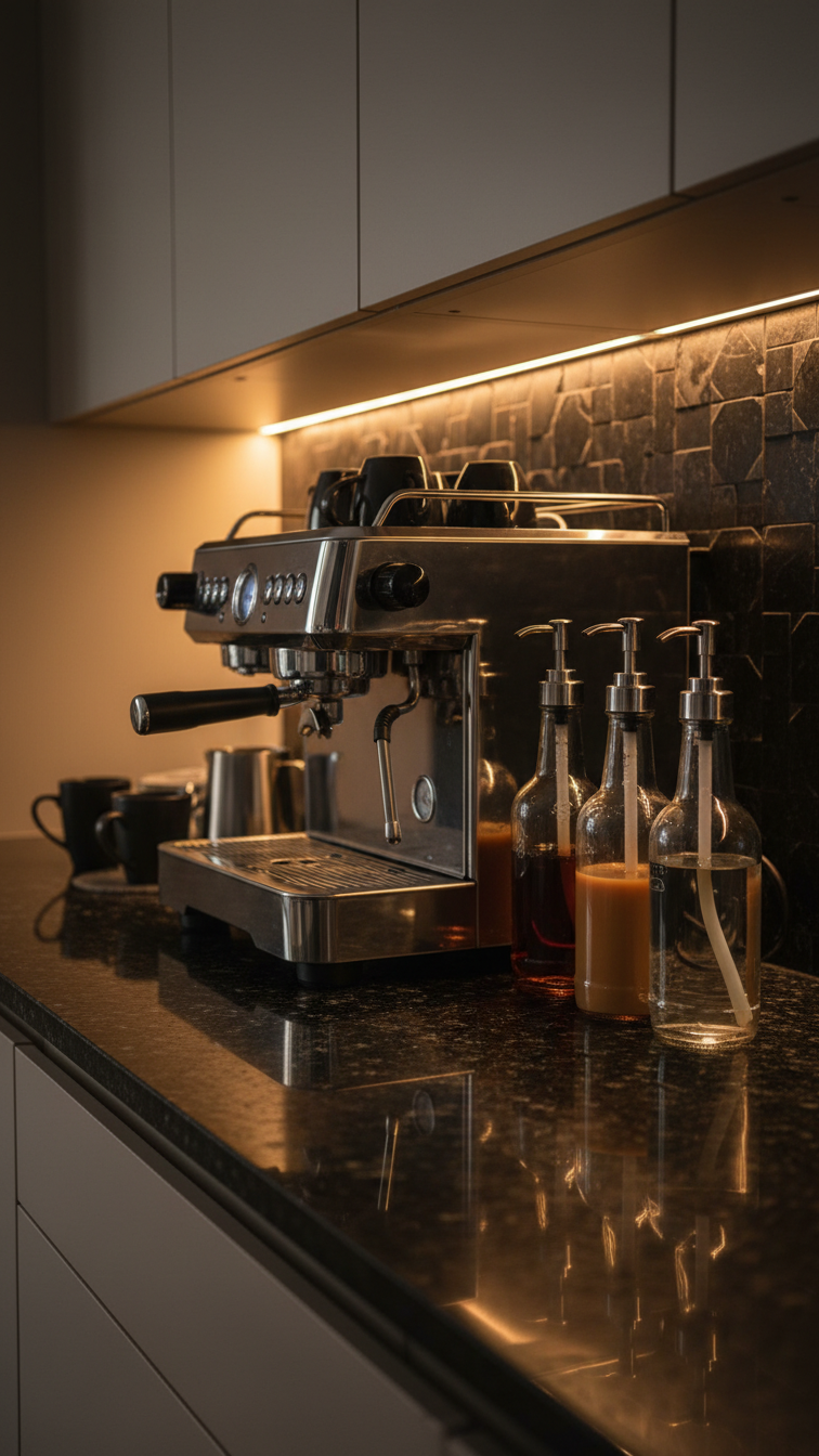 Modern tech-savvy coffee station with LED lighting highlighting chrome espresso machine