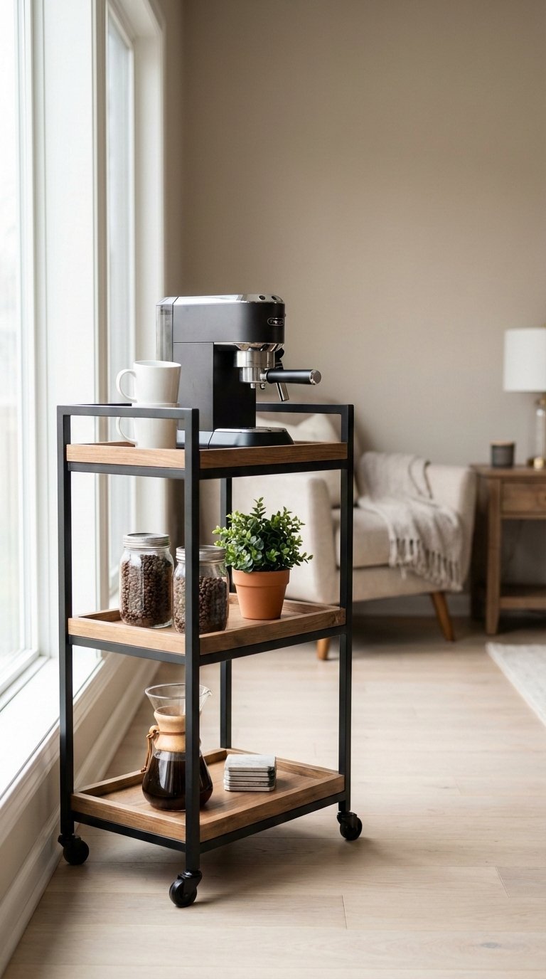 Modern three-tiered coffee cart with metal and wood design featuring coffee machine, ceramic mugs, and glass jars on light wood floor
