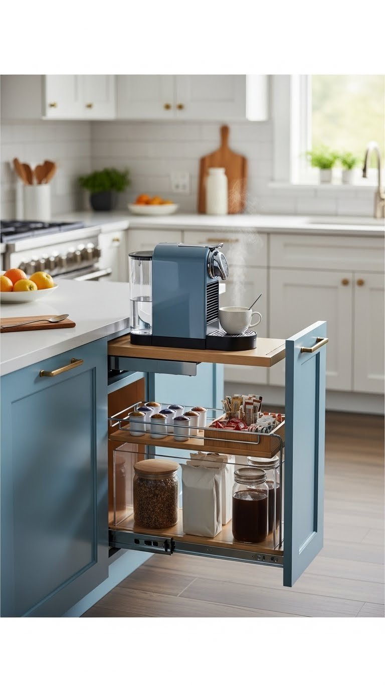 Modern under-cabinet coffee system with pull-out drawer revealing coffee maker mounted on slide-out shelf with organized accessories.