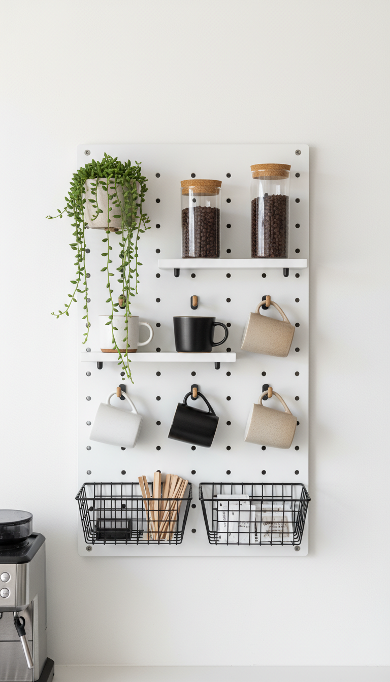 Modern white pegboard wall organizer with coffee canisters, hanging mugs, and small shelves