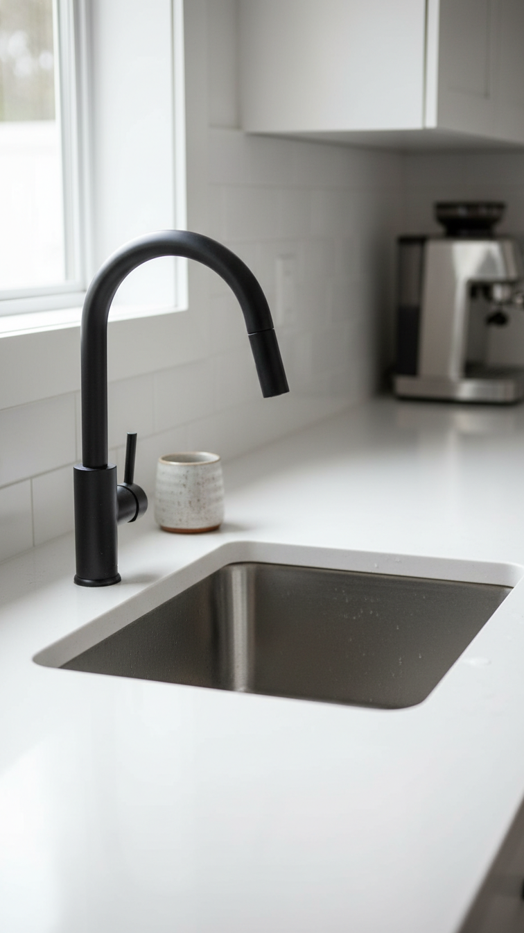 Modern white quartz kitchen countertop with stainless steel undermount bar sink and matte black gooseneck faucet in soft natural lighting