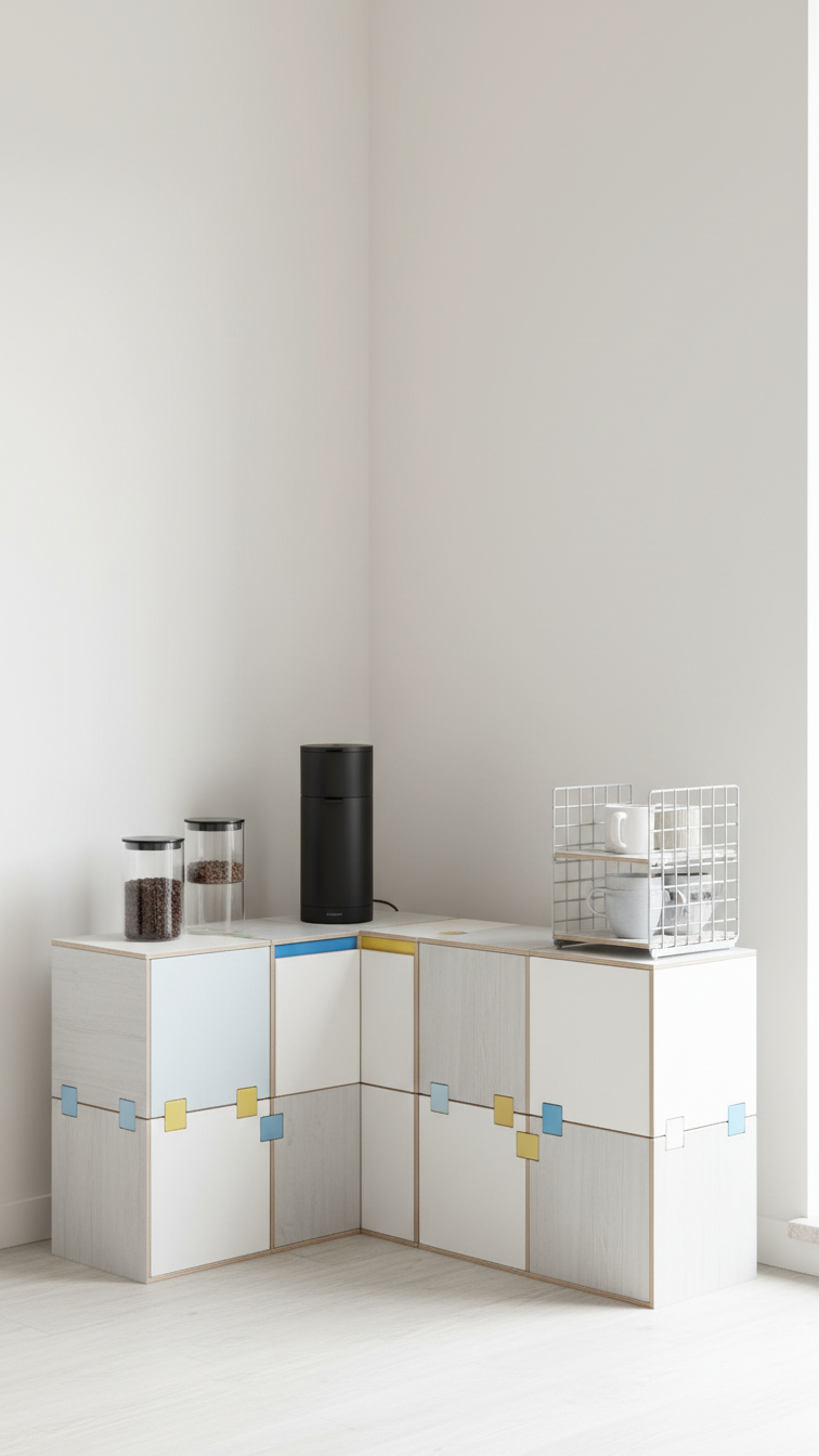 Modular L-shaped coffee bar system with reconfigurable units and minimalist coffee containers