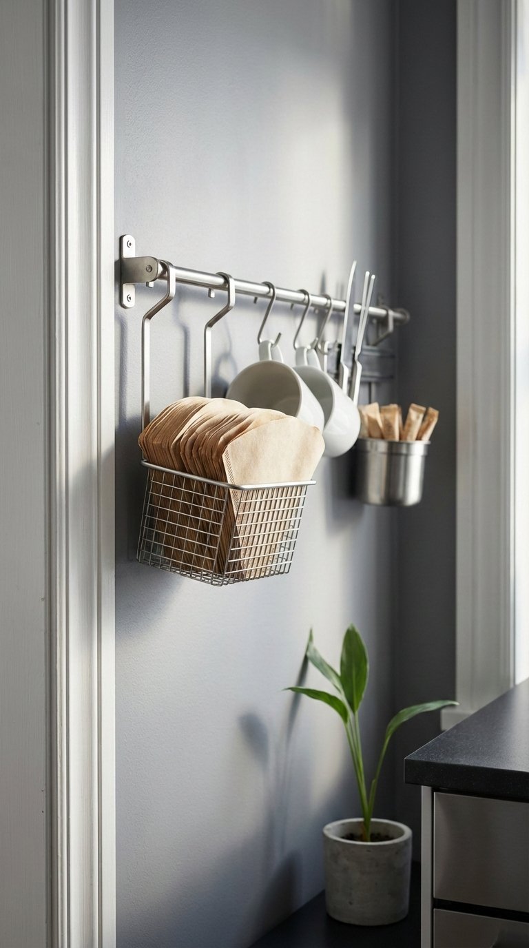 Modular wall-mounted rail coffee station with stainless steel rail, hanging baskets, hooks for mugs, and small shelf.