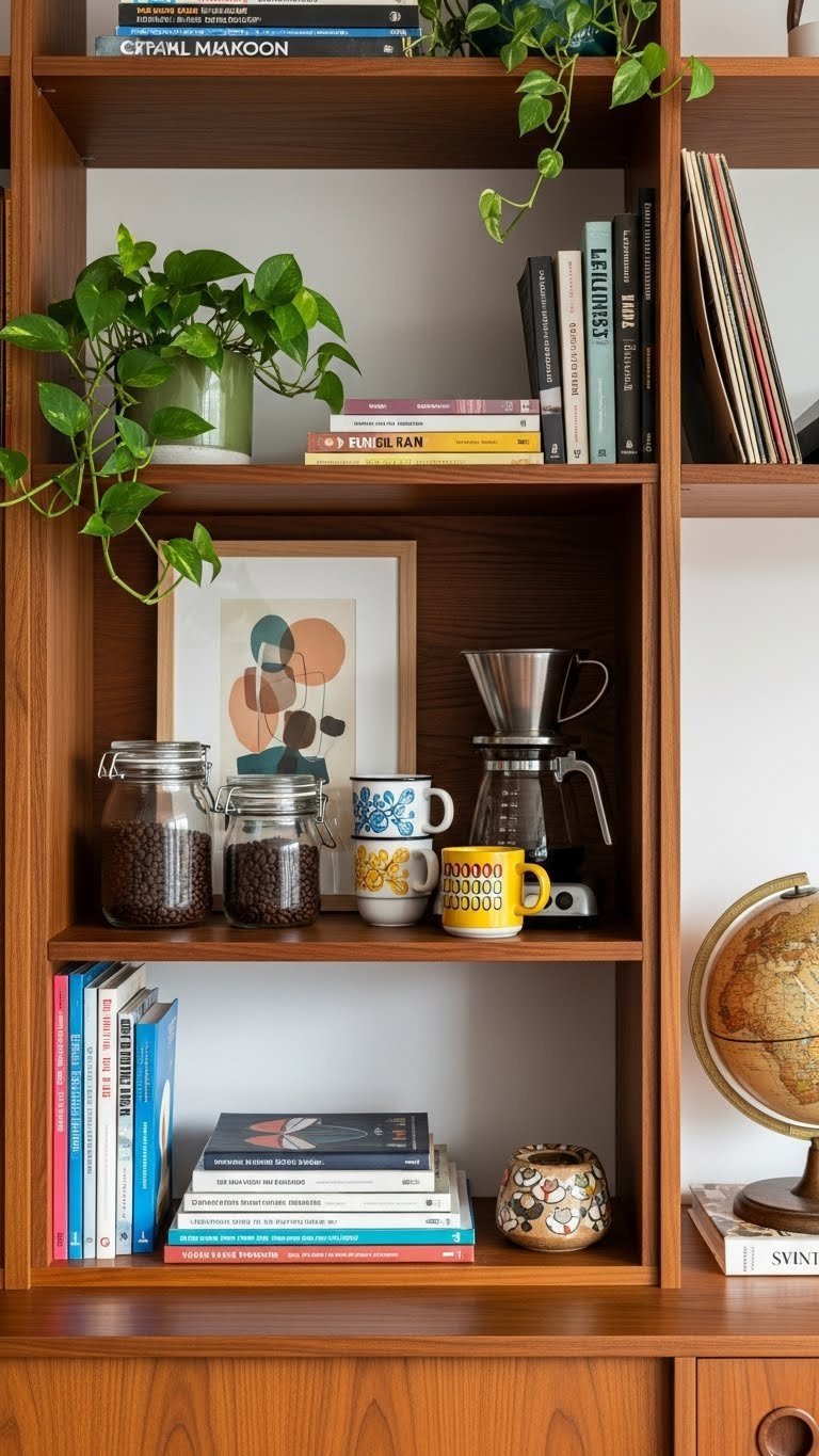 Modular walnut bookshelf coffee station with retro drip coffee maker and colorful vintage-inspired mugs