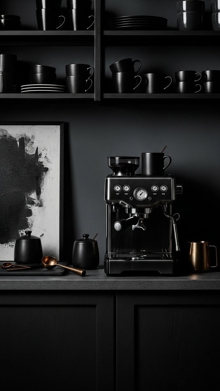 Monochromatic industrial coffee bar with dark finishes and matte black espresso machine on charcoal background