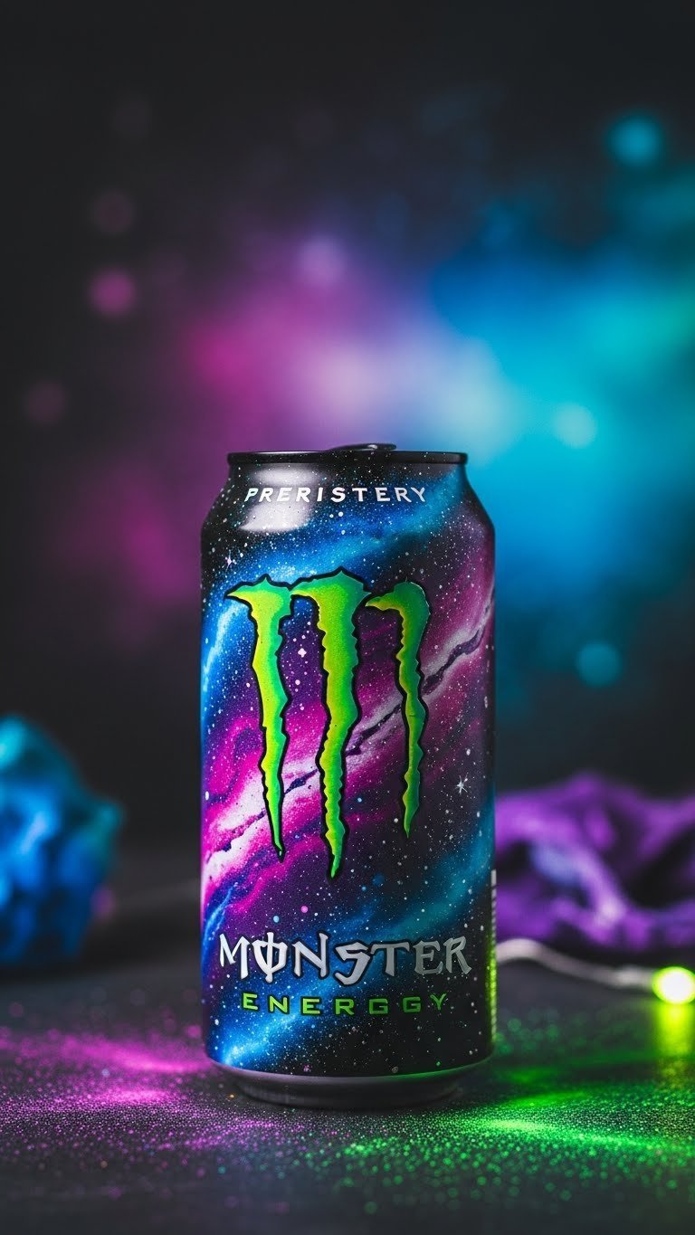 Monster Energy can painted with vibrant galaxy spray paint design featuring swirling blues and purples against dark textured background.