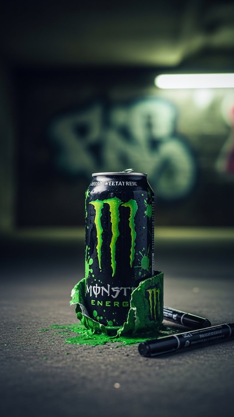 Monster Energy hoco poster with green logo can on dark concrete surface featuring urban graffiti style