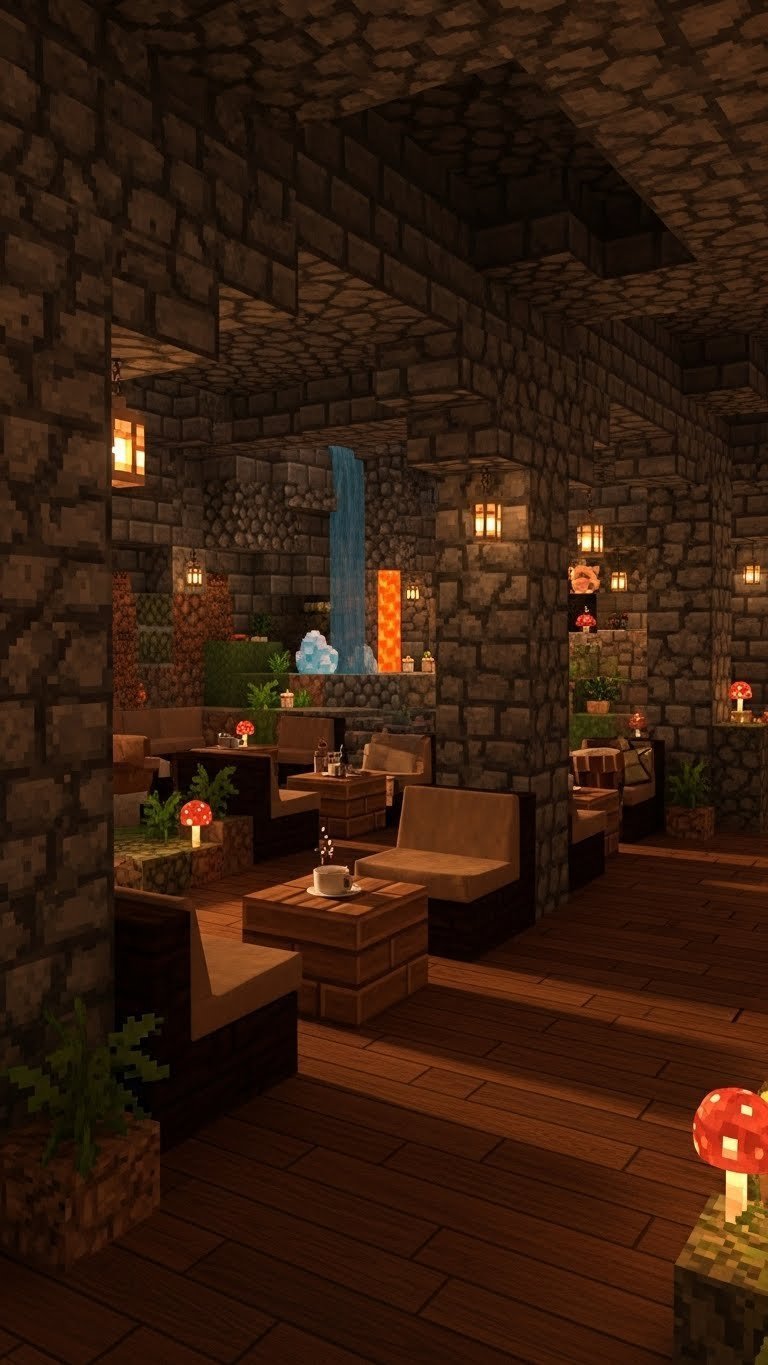 Moody underground coffee lounge in Minecraft with raw stone walls, subtle glowing lights, and intimate cave atmosphere