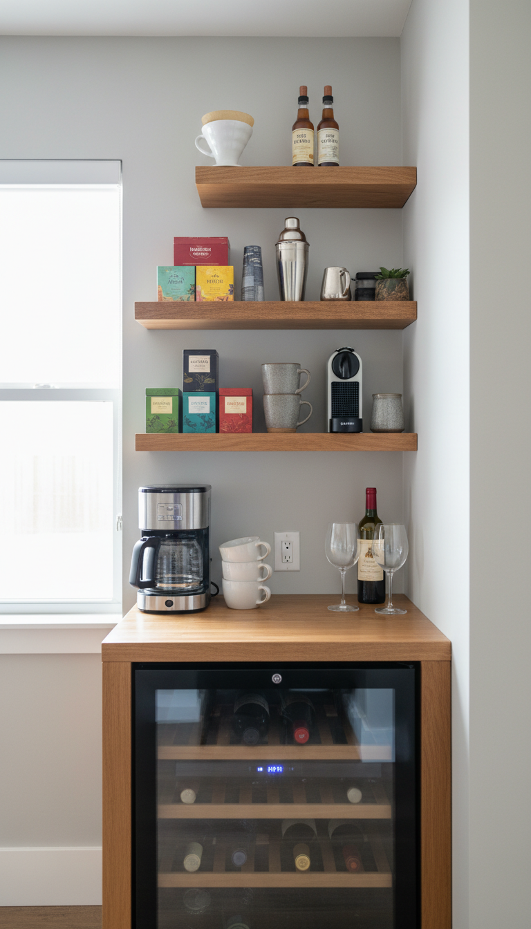 Multi-functional beverage bar with staggered floating shelves holding coffee mugs, wine glasses, and cocktail shaker above wine fridge