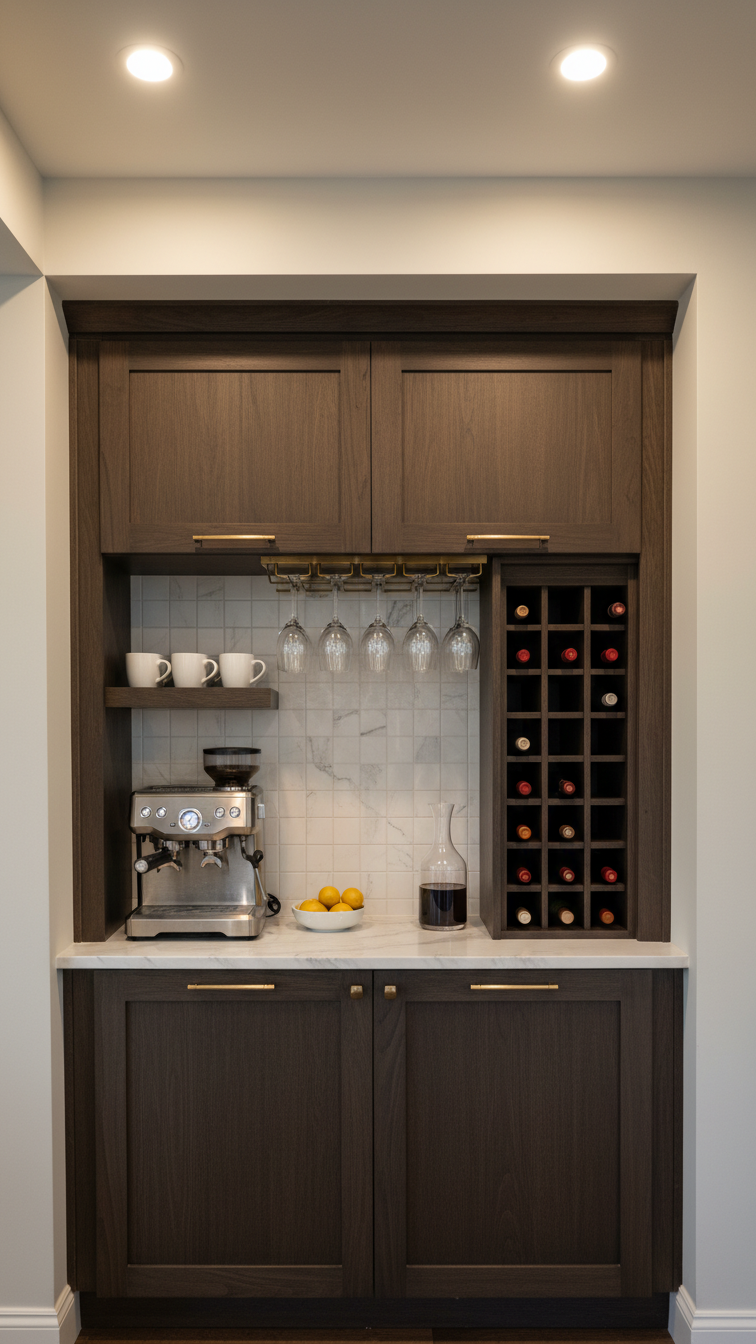 Multi-functional coffee and wine bar built into dining alcove with espresso machine and wine rack