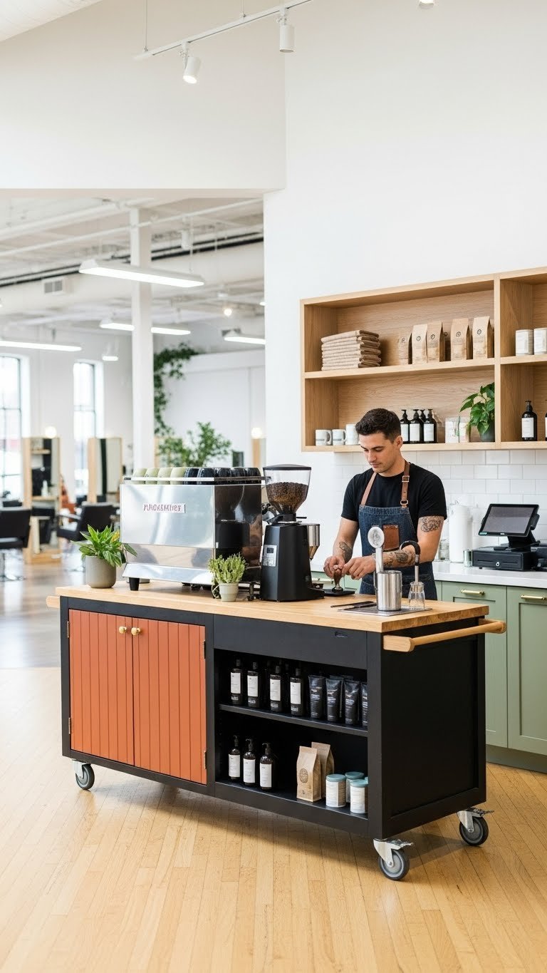 Multi-functional kitchen island on wheels serving as coffee bar and retail display in bustling open-plan salon.