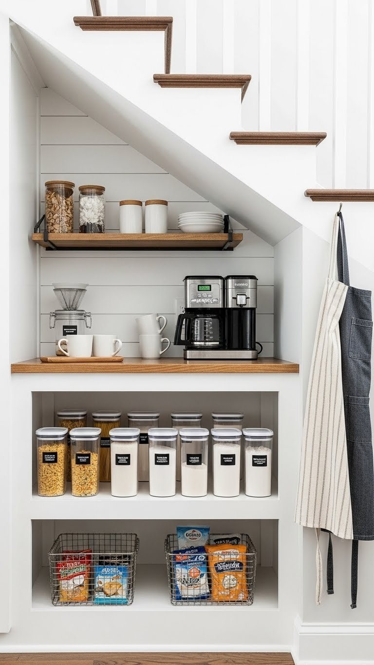 Multi-functional pantry and coffee station under staircase with organized shelves, coffee maker, and pantry containers.