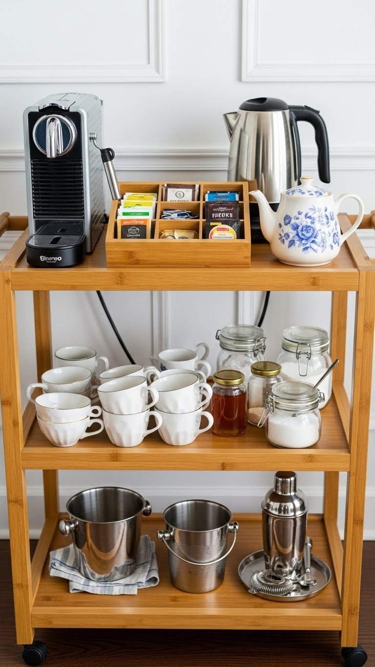 Multi-purpose tea and coffee bar cart with three wooden tiers, coffee machine, electric kettle, and divided storage box.