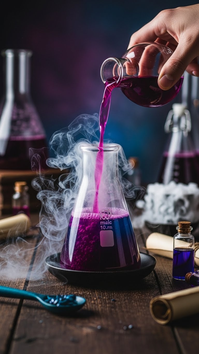 Mysterious sea witch potion in potion bottle with color-changing liquid transformation from purple to pink on dark aged wood.
