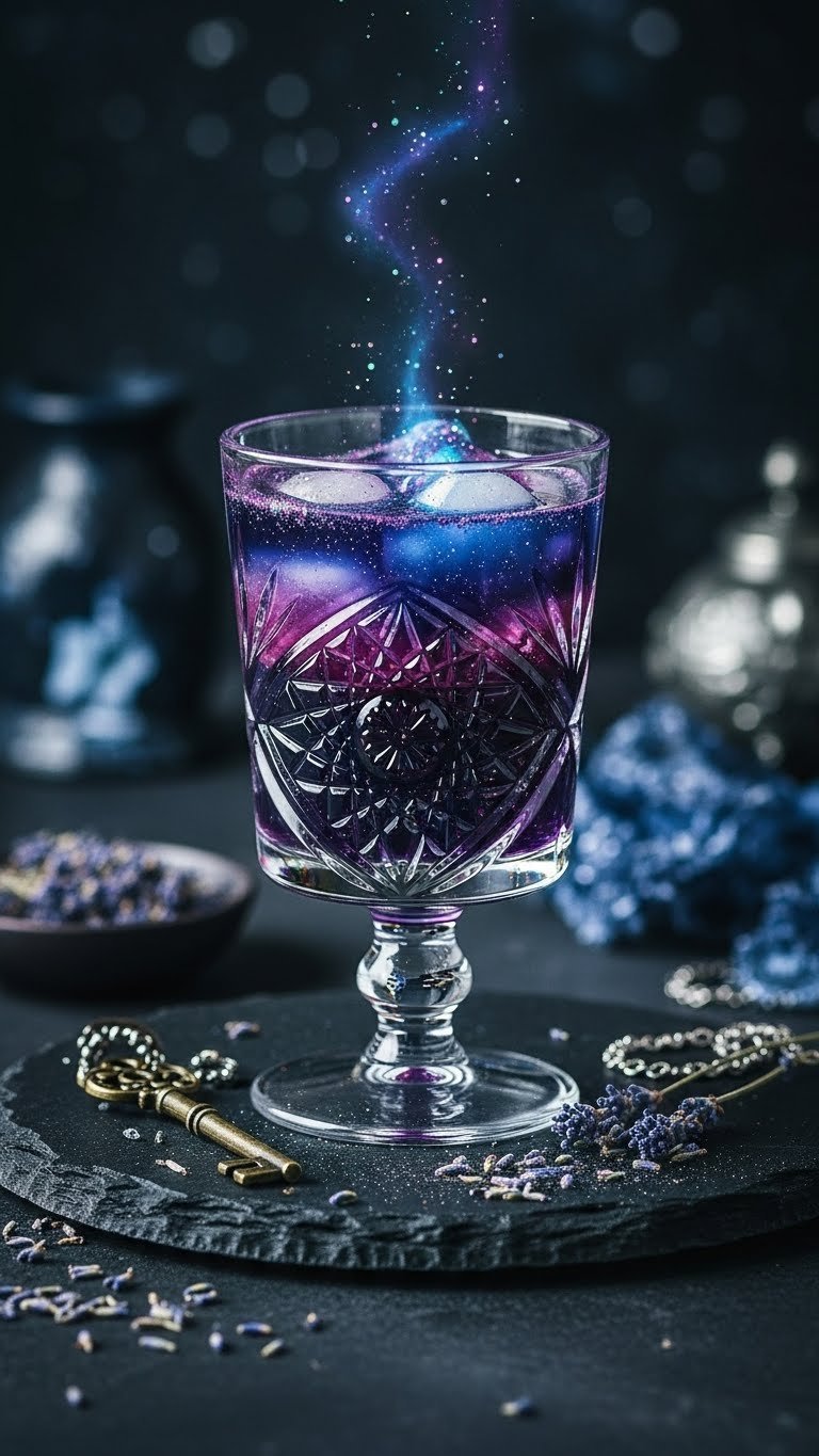 Mystical galaxy glow potion in ornate glass with swirling blues and purples creating starlit effect on dark stone surface